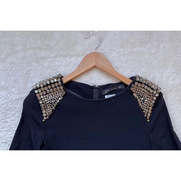 Zara Woman Black 3/4 Sleeve Embellished Rhinestone Shoulder LBD Cocktail Dress - Picture 6 of 16